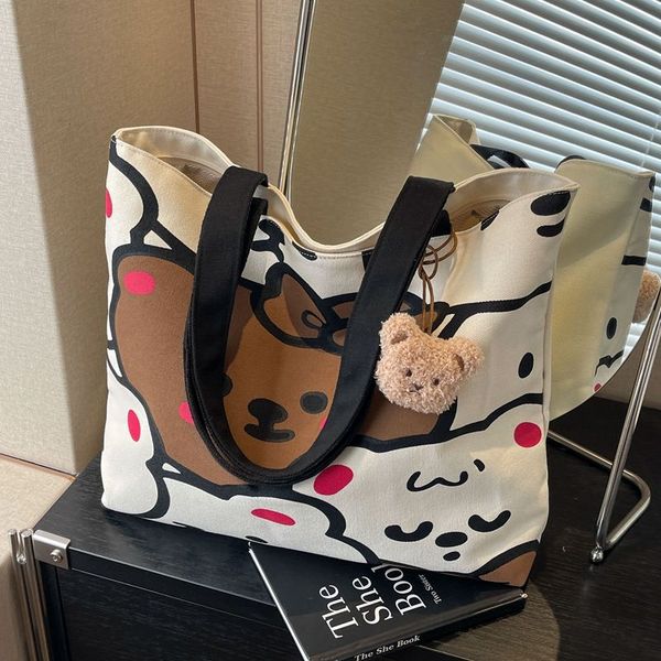 Casual Large Capacity Bag Women's Summer New Cartoon Bear Canvas Bag College Students' Class Commuting Shoulder Tote Bag